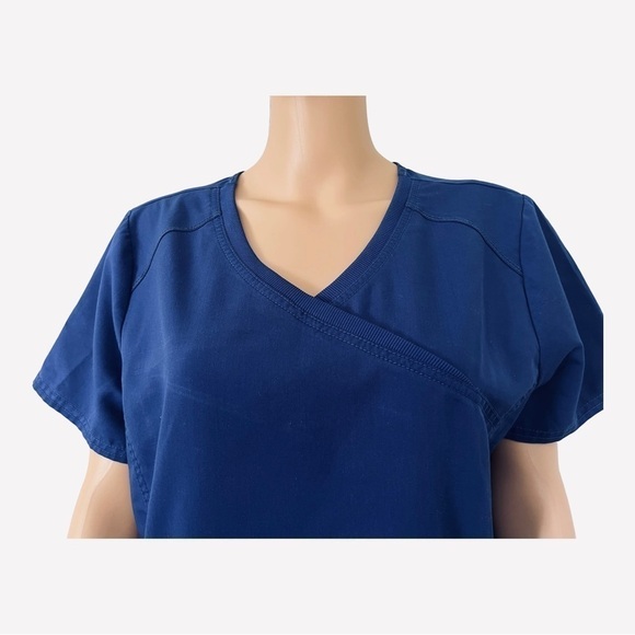SCRUBS medical scrub top deep blue V-neck shot sleeves double pockets Women M - Picture 3 of 14